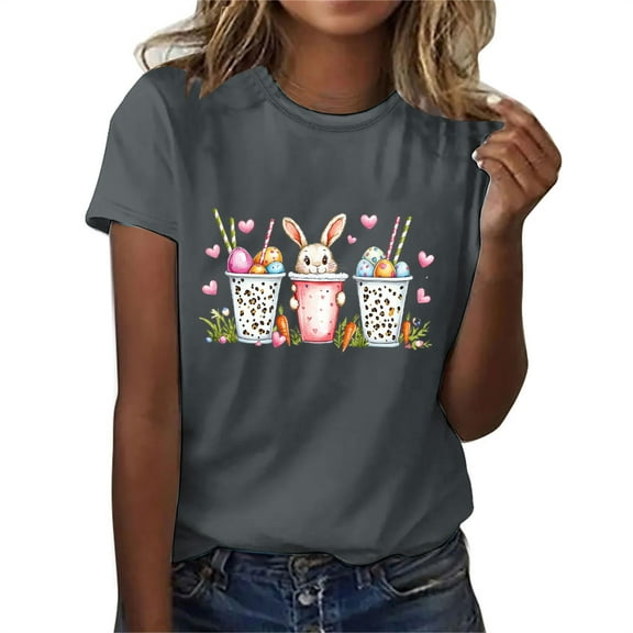 QUNYINEY Casual Shirts for Women Trendy Pullover Crew Neck Short Sleeve Easter Tops Funny Loose Summer Tops for Women