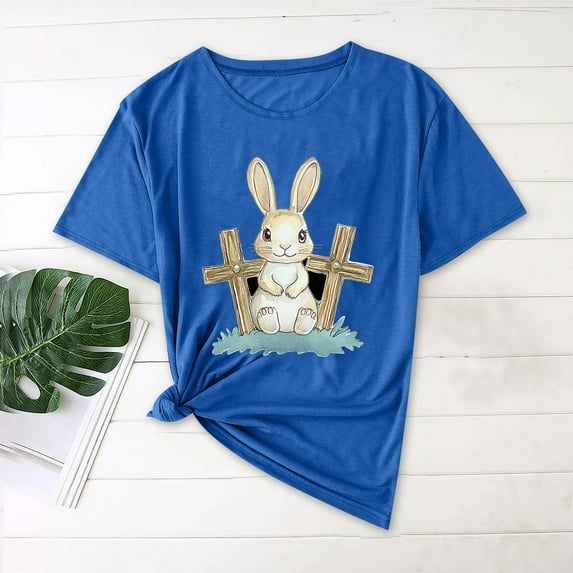 QUNYINEY Casual Shirts for Women Trendy Pullover Easter Short Sleeve Crew Neck Tops Loose Women's Tops