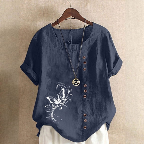QUNYINEY Casual Shirts for Women Trendy Pullover Short Sleeve Butterfly Crew Neck Tops Linen Button Loose Tops for Women Trendy