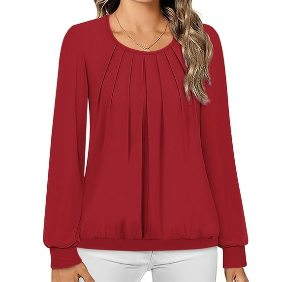 QUNYINEY Casual Shirts for Women Trendy Red Long Sleeve Crew Neck Solid Tops Loose Drop Shoulder Pullover Pleated T-Shirts