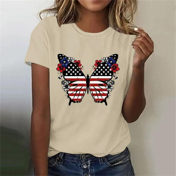 QUNYINEY Casual Shirts for Women Trendy Short Sleeve Crew Neck Independence Day Tops Summer Loose Pullover Women's Tops