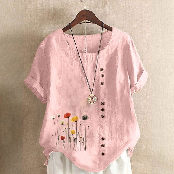 QUNYINEY Casual Shirts for Women Trendy Short Sleeve Dandelion Crew Neck Tops Button Loose Pullover Cotton Linen Shirts