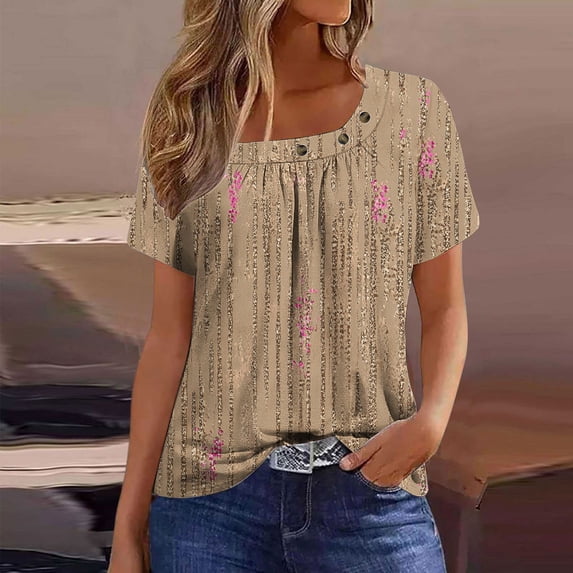 QUNYINEY Casual Shirts for Women Trendy Square Neck Short Sleeve Boho Tops Button Pleated Loose Pullover Shirts