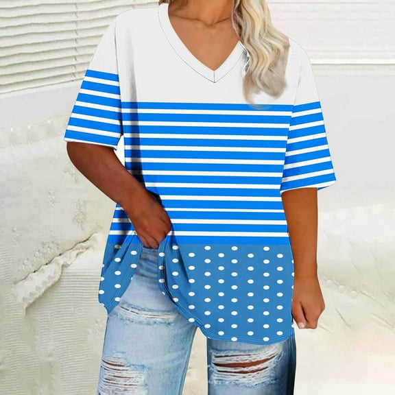 QUNYINEY Casual Shirts for Women Trendy V Neck Striped Short Sleeve Tops Plus Size Loose Summer Pullover Women's Tops