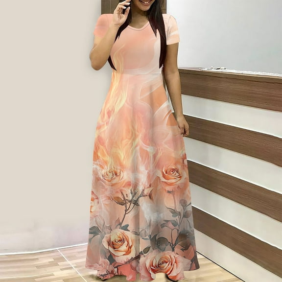 QUNYINEY Casual Spring Dresses for Women 2025 Short Sleeve Floral A-Line Dress Crew Neck Flowy Empire Waist Maxi Sundress