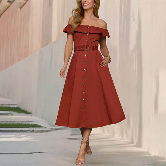 QUNYINEY Casual Spring Dresses for Women Short Sleeve Solid A-Line Dress Off The Shoulder Flowy Button Midi Sundress