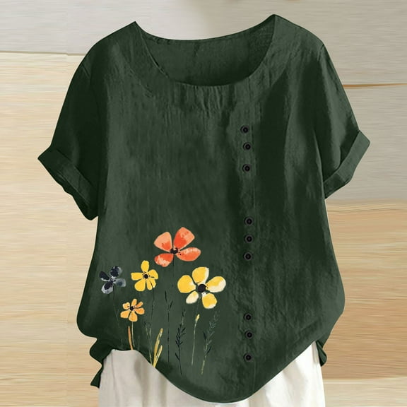 QUNYINEY Casual Spring Shirts for Women 2025 Crew Neck Floral Short Sleeve Tops Button Cotton Linen Pullover Loose Women Tops