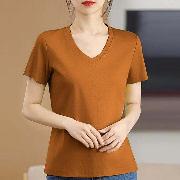 QUNYINEY Casual Spring Shirts for Women 2025 Solid Short Sleeve V Neck Tops Loose Breathable Pullover Cotton Shirts