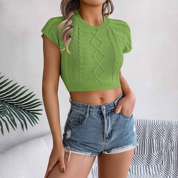 QUNYINEY Casual Spring Tops for Women 2025 Jacquard Short Sleeve Crew Neck Shirts Crop Knit Slim Pullover Tops