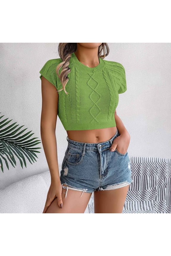 Casual Spring Tops for Women 2025 Jacquard Short Sleeve Crew Neck Shirts Crop Knit Slim Pullover Tops