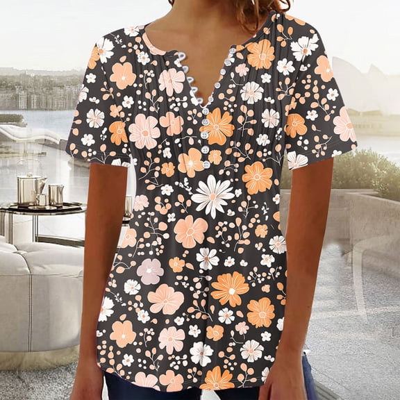 QUNYINEY Casual Summer Blouses for Women V Neck Floral Short Sleeve Tops Pullover Button Loose Pleated Blouses