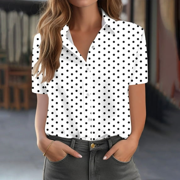 QUNYINEY Casual Summer Button Down Shirts for Women Polka Dot Short Sleeve Collared Blouses Loose Women's Blouse