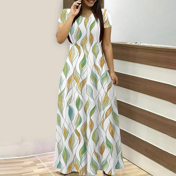 QUNYINEY Casual Summer Dresses for Women 2025 Short Sleeve Leaf A-Line Dress Crew Neck Empire Waist Flowy Maxi Sundress