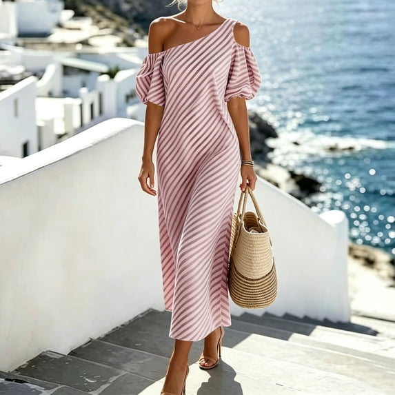 QUNYINEY Casual Summer Dresses for Women 2026 Long Striped Puff Short Sleeve One Shoulder A Line Dress Vacation Loose Fit Dresses