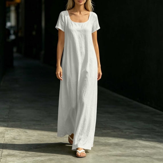 QUNYINEY Casual Summer Dresses for Women Long Short Sleeve White A Line Dress Loose Fit Flowy Vacation Square Neck Dresses