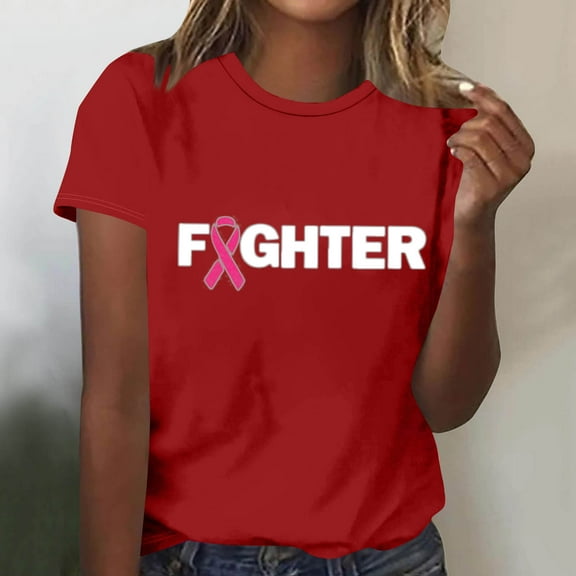 QUNYINEY Casual Summer Shirts for Women Short Sleeve Lightweight Breast Cancer Awareness Tops Crew Neck Pullover Loose Graphic Tees