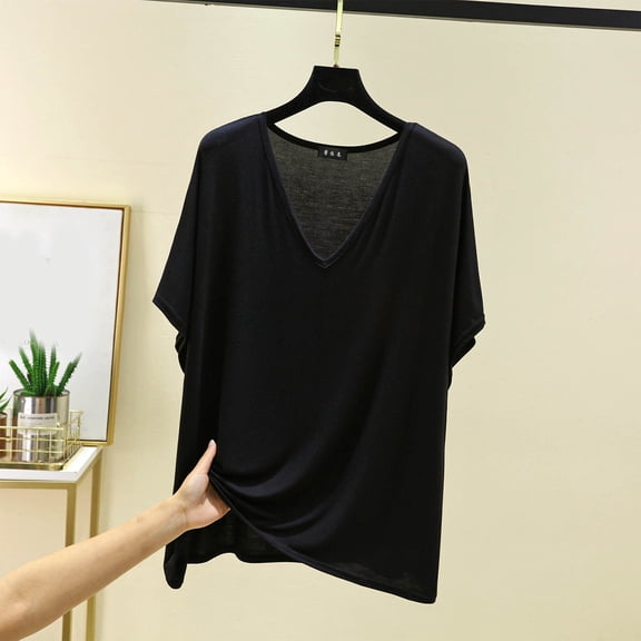 QUNYINEY Casual Summer Shirts for Women V Neck Solid Short Sleeve Tops Loose Soft Pullover Shirts