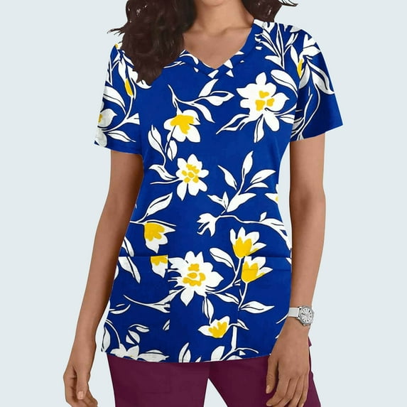 QUNYINEY Casual Summer Tops for Women Floral Short Sleeve V Neck Shirts with Pocket Nursing Pullover Loose Tops
