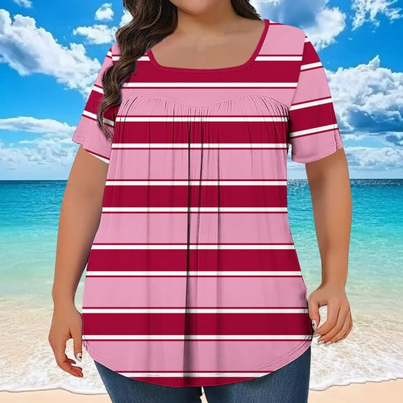 QUNYINEY Casual Summer Tops for Women Square Neck Striped Short Sleeve Shirts Plus Size Pleated Loose Pullover Womens Shirts