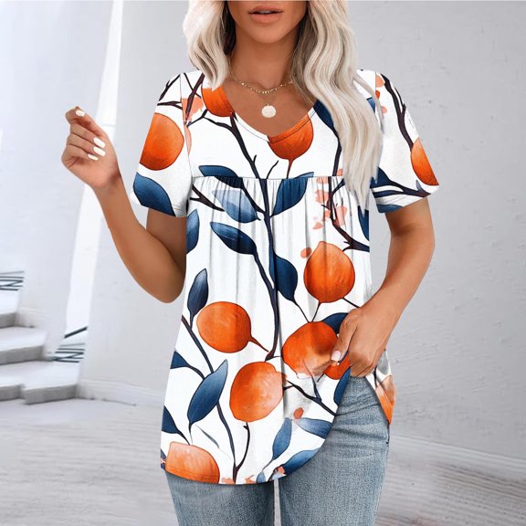 QUNYINEY Casual Summer Tops for Women V Neck Short Sleeve Floral Blouses Pleated Loose Pullover Tops