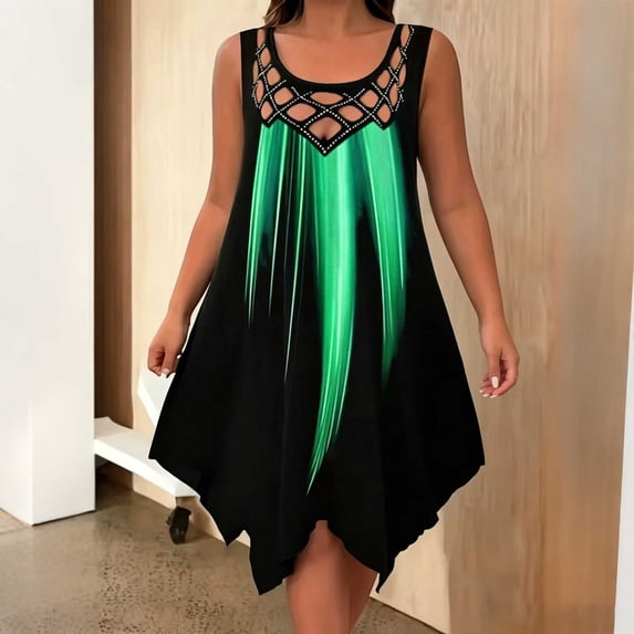 QUNYINEY Casual Sundresses for Women Beach Graphic Sleeveless Summer Midi Tank Dress Drop Shoulder Cutout Crew Neck Loose Fit Beach Dresses