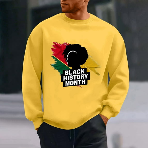 QUNYINEY Casual Sweatshirt Men Black History Month Long Sleeve Crew Neck Yellow Tops Drop Shoulder Loose Pullover Sweatshirts