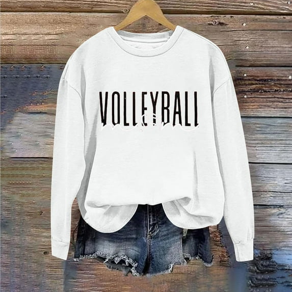 QUNYINEY Casual Sweatshirt Women Crew Neck Volleyball Mom White Long Sleeve Tops Loose Pullover Drop Shoulder Sweatshirts