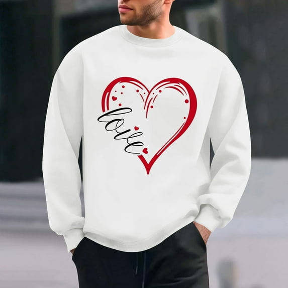 QUNYINEY Casual Sweatshirts for Men Valentine's Day Crew Neck Long Sleeve White Tops Pullover Drop Shoulder Love Heart Loose Sweatshirt