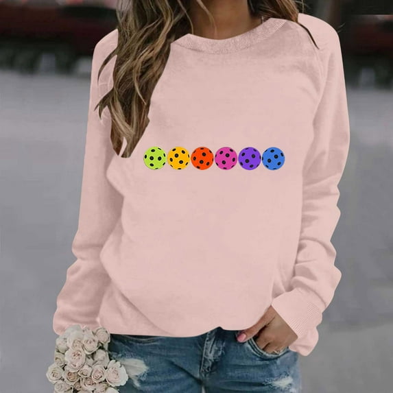 QUNYINEY Casual Sweatshirts for Women Crew Neck Pink Pickleball Long Sleeve Tops Pullover Loose Drop Shoulder Sweatshirts