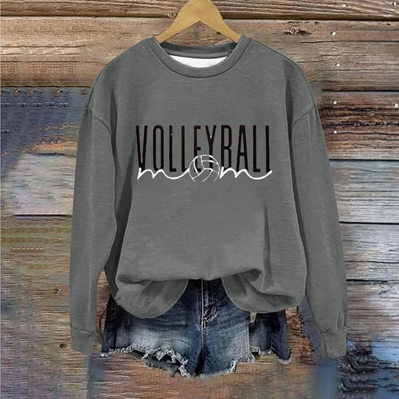 QUNYINEY Casual Sweatshirts for Women Trendy Long Sleeve Crew Neck Volleyball Mom Gray Tops Loose Pullover Drop Shoulder Sweatshirts