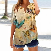 QUNYINEY Casual T-Shirts for Women Butterfly Short Sleeve V Neck Tops Pullover Plus Size Loose Cotton Linen Summer Womens Tops