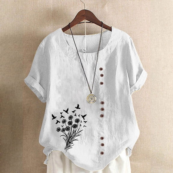 QUNYINEY Casual T-Shirts for Women Crew Neck Dandelion Short Sleeve Tops Cotton Linen Loose Button Pullover Women Tops