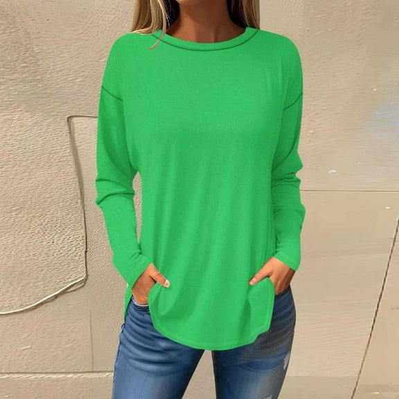 QUNYINEY Casual T Shirts for Women Green Long Sleeve Crew Neck Solid Tops Loose Drop Shoulder Pullover T-Shirts