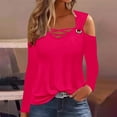 thumbnail image 1 of QUNYINEY Casual T Shirts for Women Long Sleeve V-Neck Solid Pink Tops Pullover Cut Out Loose Cold Shoulder T-Shirts, 1 of 5