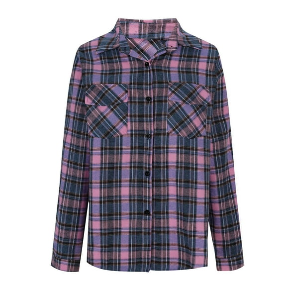 QUNYINEY Casual T Shirts for Women Purple Collared Plaid Long Sleeve Tops with Pocket Button Down Loose Drop Shoulder T-Shirts Womens Tops Trendy
