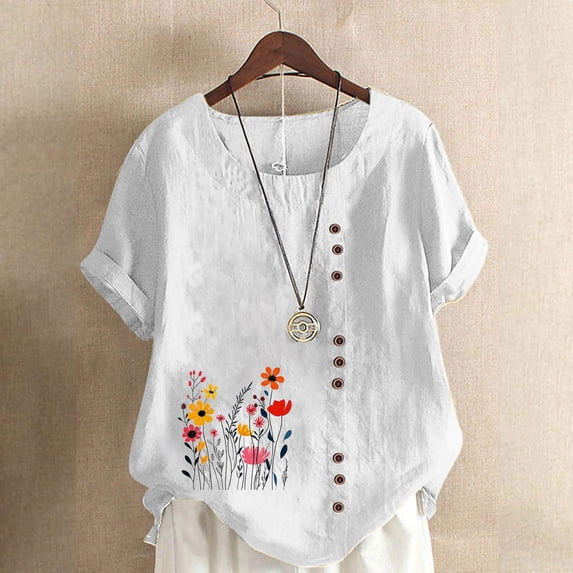 QUNYINEY Casual T Shirts for Women Short Sleeve Crew Neck Floral Tops Loose Button Cotton Linen Pullover Women's Tops