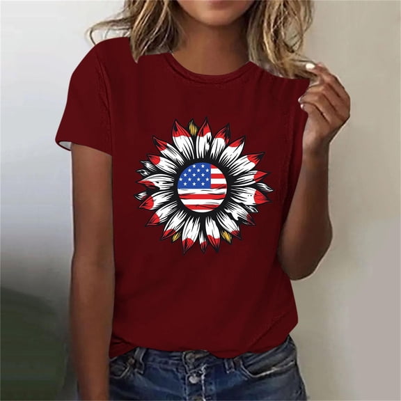 QUNYINEY Casual T Shirts for Women Short Sleeve Crew Neck Independence Day Tops Summer Loose Pullover Women's Tops