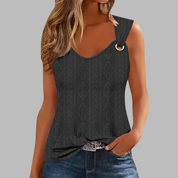 QUNYINEY Casual T Shirts for Women Sleeveless Pullover V Neck Solid Tank Tops Loose Jacquard Knit Classic T-Shirt