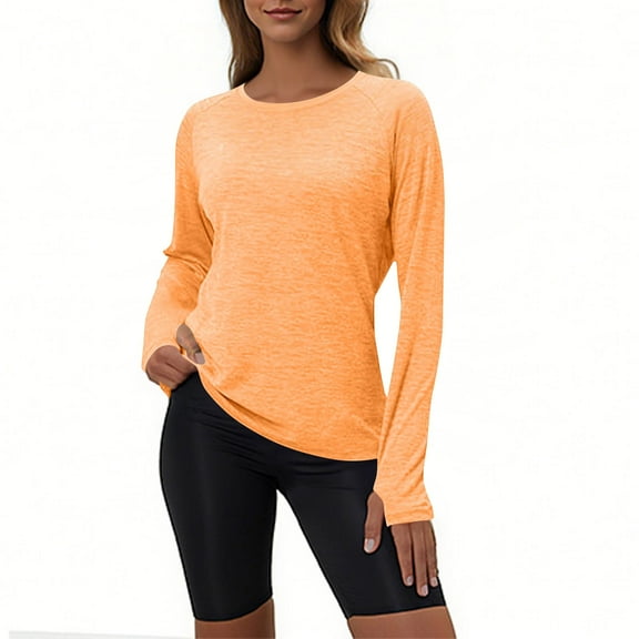 QUNYINEY Casual T Shirts for Women Solid Cotton Crew Neck Long Sleeve Tops Thumbhole Workout Loose Fit Pullover Classic T-Shirt Womens Blouses Casual