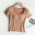 thumbnail image 1 of QUNYINEY Casual T-Shirts for Women Striped Short Sleeve Crew Neck Tops Slim Summer Cotton Crop Women's Tops, 1 of 5