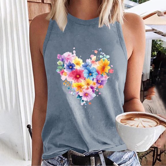 QUNYINEY Casual Tank Top Women Sleeveless Muscle Love Heart Crewneck Shirts Summer Loose Tank Tops