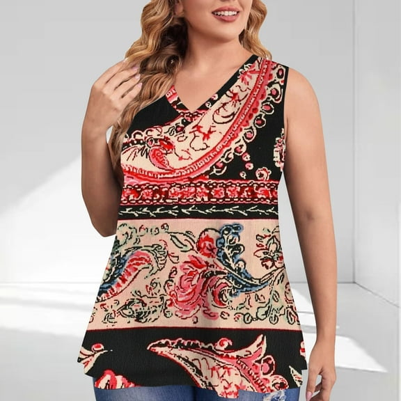 QUNYINEY Casual Tank Top for Women Camisole Vintage V Neck Sleeveless Tops Plus Size Loose Flowy Tank Tops