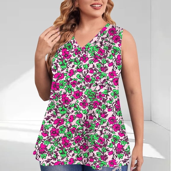 QUNYINEY Casual Tank Top for Women Sleeveless Camisole V Neck Floral Tops Summer Loose Plus Size Tank Tops