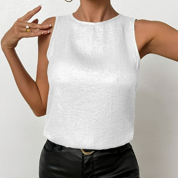 QUNYINEY Casual Tank Tops Women Camisole Solid Crew Neck Shirts Glossy Sleeveless Loose Tank Tops
