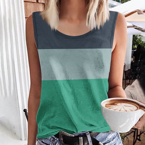 QUNYINEY Casual Tank Tops for Women 2025 Colorblock Sleeveless Crew Neck Tops Loose Summer Vacation Tank Tops