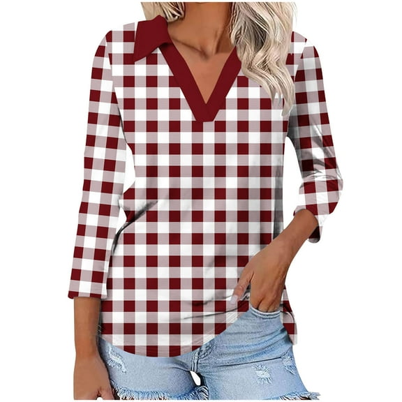 QUNYINEY Casual Tee Shirts Womens 3/4 Sleeve V Neck Plaid Blouse Pullover Tunic Loose Shirts Women Tops