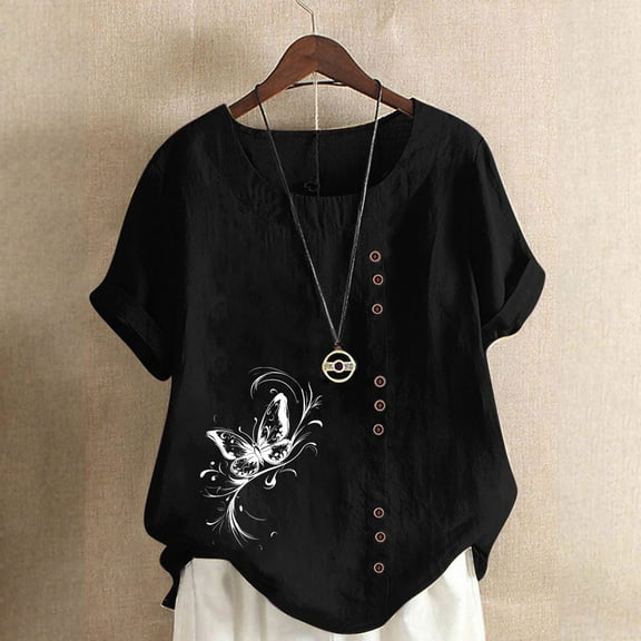 QUNYINEY Casual Tee Shirts Womens Crew Neck Butterfly Short Sleeve Pullover Tops Linen Button Loose Tops for Women