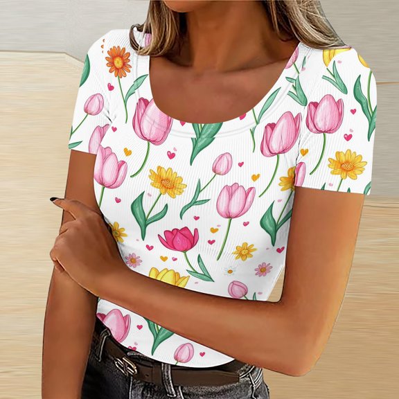 QUNYINEY Casual Tee Shirts Womens Crew Neck Floral Pullover Short Sleeve Tops Slim Ribbed Tops for Women
