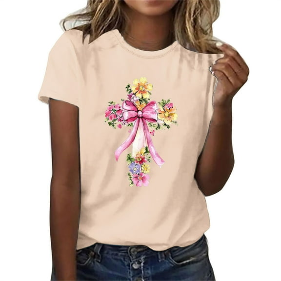 QUNYINEY Casual Tee Shirts Womens Crew Neck Pullover Easter Short Sleeve Tops Funny Loose Summer Tops for Women