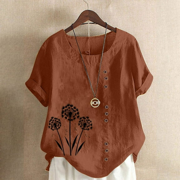 QUNYINEY Casual Tee Shirts Womens Crew Neck Short Sleeve Dandelion Pullover Tops Loose Linen Button Tops for Women Trendy